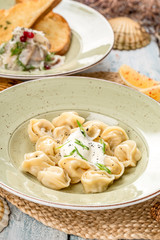 Dumplings with pepper, sour cream and herbs in a beautiful plate