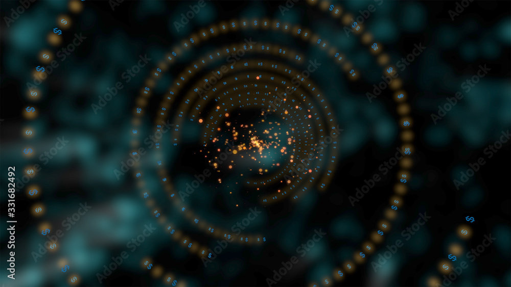 Poster abstract frame tunnel of spiral of small dollar icons in zoom on black background with blurred green