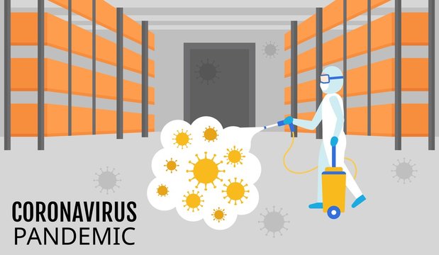 coronavirus covid-19 related man wearing protection costume with spray gun and dropping spray in building with virus vectors illustration in flat design,