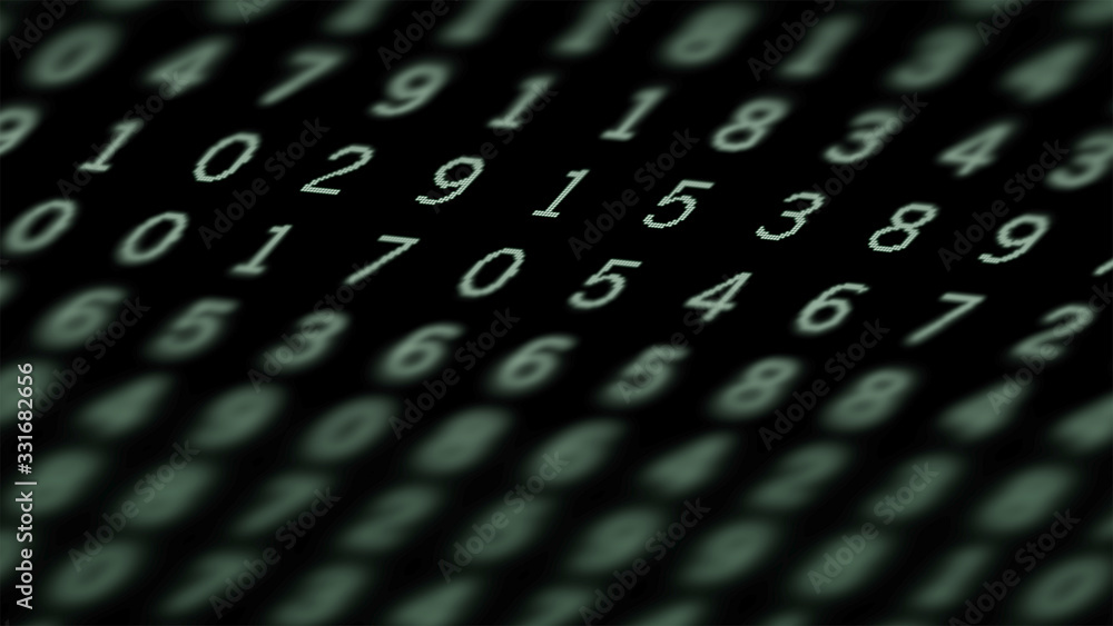 Poster high-tech mathematics scan search with screen full of green numbers on black.