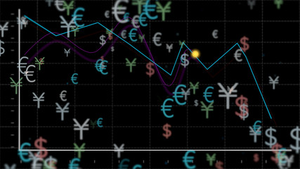 World main currencies dropping over black background with graph moving down.