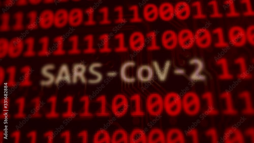 Poster covid-19, the coronavirus scientific code text on random binary code red screen, 3d animation