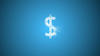A dollar crumbling into pieces from the side over blue background.