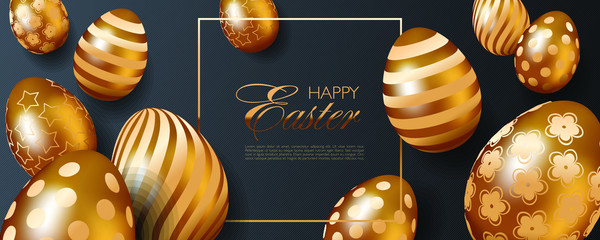Luxury Happy Easter website header or banner template with realistic 3D golden eggs on black striped background