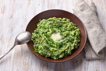 Colcannon, mashed potatoes with cale cabbage and green onions, traditional Irish dish	