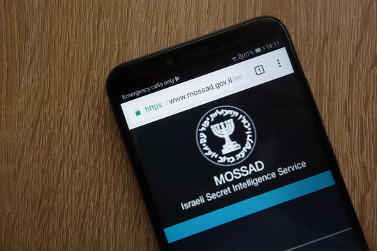 KONSKIE, POLAND - JULY 14, 2018: Israeli Secret Intelligence Service (MOSSAD) official website displayed on a modern smartphone