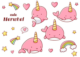 Set cute kawaii hand drawn pink narwhal doodles, isolated on white background, clipart