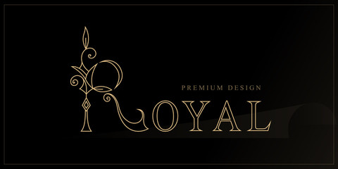Royal Capital Letter R. Graceful Elegant Style. Line Art Floral Logo Design. Vintage Creative Drawn Emblem for Book Design, Brand Name, Business Card, Restaurant, Boutique, Hotel. Vector illustration