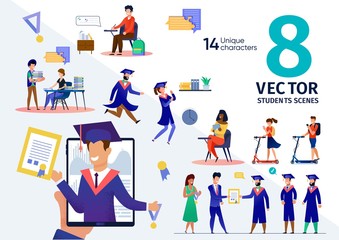 College or University Students Life Scenes Trendy Flat Vectors Set. Female, Male Students Learning in Auditorium, Rides Scooters, Prepares to Exams in Library, Celebrates Graduation Illustration