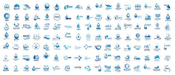 Water Splash Vector And Drop Logo Set - Isolated On White. Vector Collection Of Flat Water Splash and Drop Logo. Icons For Droplet, Water Wave, Rain, Raindrop, Company Logo And Bubble Design