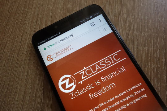 KONSKIE, POLAND - JULY 14, 2018: ZClassic (ZCL) cryptocurrency website displayed on Huawei Y6 2018 smartphone