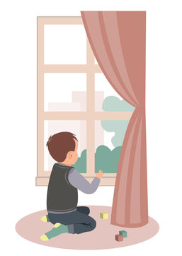 Sad little boy sitting at the window. Stay at home campaign for coronavirus prevention. Vector illustration