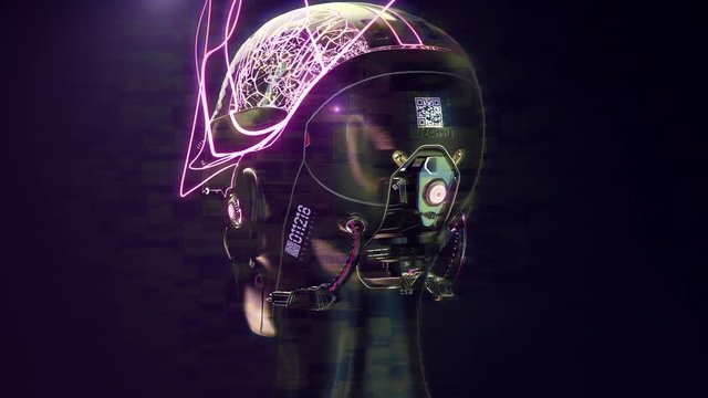 Big Data conceptual Cyborg head on turntable glitch effect seamless loop