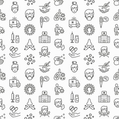 Coronavirus seamless pattern with thin line icons. Symptoms and prevention: COVID-19, surgical mask, person-to person, hand washing, pneumonia, bronchitis, ambulance, vaccine. Vector illustration.