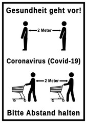 ds49 DiskretionSchild - german text: Gesundheit geht vor / Coronavirus (Covid-19) - Bitte Abstand halten. - Einkaufen im Supermarkt. schwarz weiss - Druckvorlage DIN A1 A2 A3 A4 - poster xxl g9308