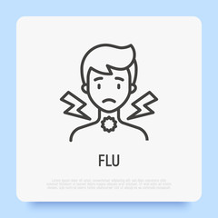 Pain in throat, symptom of coronavirus, flu, grippe, influenza, angina. Thin line icon. Vector illustration.