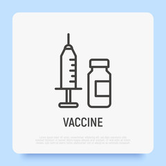 Vaccine: syringe and ampoule. Thin line icon of medical treatment, antibiotic. Vector illustration.