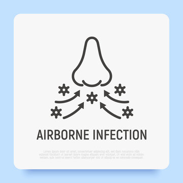 Airborne infection, spread of virus. Thin line icon. Person to person. Symptom of flu, influenza, coronavirus. Vector illustration.