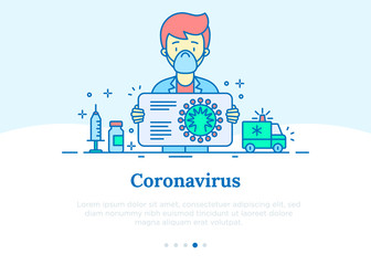 Doctor tells about symptoms and prevention coronavirus concept. Thin line icons. COVID-2019, surgical mask, person-to person, vaccine, ambulance. Vector illustration.