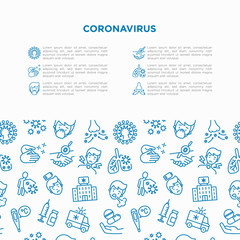 Coronavirus concept with thin line icons. Symptoms and prevention: 2019-ncov, surgical mask, person-to person, hand washing, pneumonia, bronchitis. Vector illustration, template with copy space.