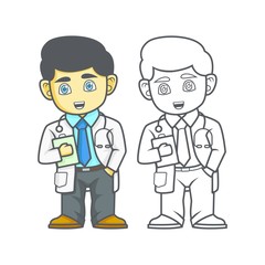 Coloring Book For Children, Male Doctor Vector Illustration.