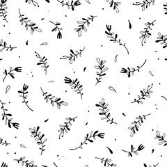 Flower black and white vector seamless pattern. Hand-draw graphic. Minimalistic cute style.
