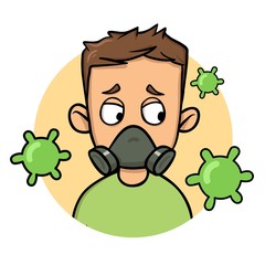 Worried young guy in a gas mask looking at viruses around him. Coronavirus prevention, world quarantine. Cartoon design icon. Colorful flat vector illustration, isolated on white background.