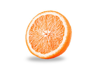 Macro photo of slice of orange fruit isolated on white background with shadow