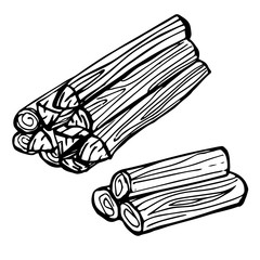 Illustration stack of firewood logs on white background. Forest Burning Firewood For Cooking Soup Meal.Tourism, camping.