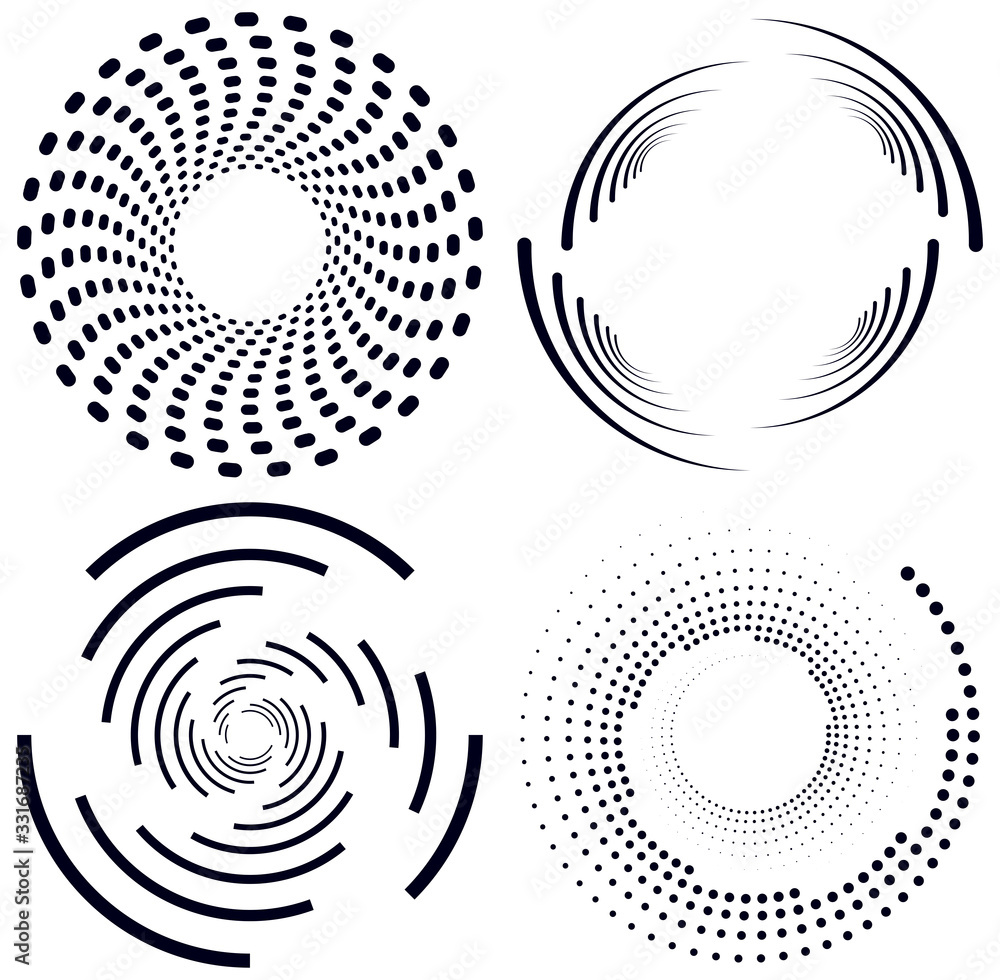 Poster set of black and white vortex, volute shapes. twisted helix elements
