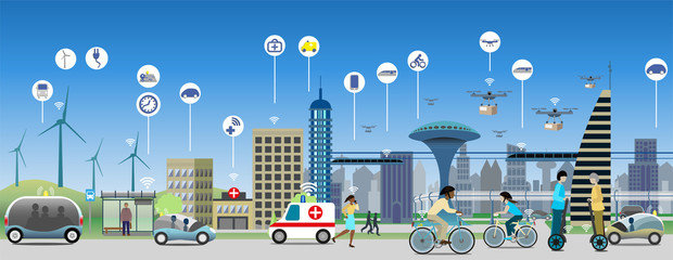 Internet of things, enabled by 5G technology, use case in public transport environment.  Sustainable electrictity used by driverless vehicles and buses. Drones for fast deliveries. 