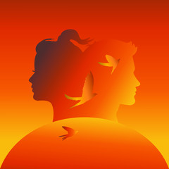 Silhouette of a man and a woman on a background of the sun