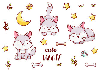 Set cute kawaii hand drawn wolf doodles, isolated on white background, clipart