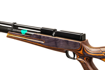 Pneumatic rifle isolated on white back. A rifle with a silencer and a wooden butt. Weapons for...