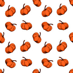 Stylized patern with orange pumpkins on a white background. Vegetarian organic healthy food.