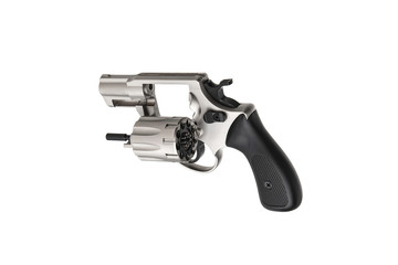 silver gun revolver isolate on white background. Weapons for sports and self-defense.