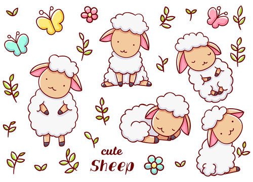Set cute kawaii hand drawn sheep doodles, isolated on white background, clipart