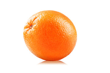 Photo of closeup isolated juicy fruit orange with reflection isolated on white background