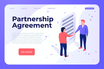 Partnership Agreement illustration webpage landing template. Two people signed the agreement by shaking the hands