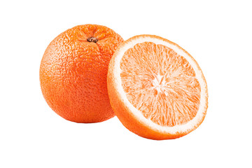 Macro photo of whole fruit orange and slice isolated on white background