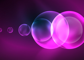 Glowing neon shiny transparent bubbles, glass circles or bio cell concept. Techno futuristic vector abstract background For Wallpaper, Banner, Background, Card, Book Illustration, landing page