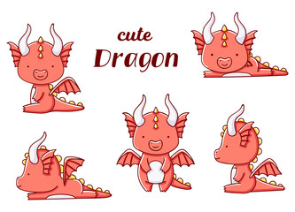 Set cute kawaii hand drawn red dragon doodles, isolated on white background, clipart