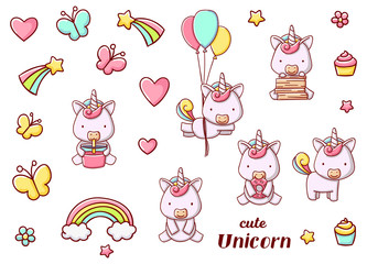 Set cute kawaii hand drawn unicorn doodles, isolated on white background, clipart