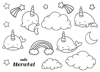 Coloring pages, black and white, set cute kawaii hand drawn narwhal doodles - obrazy, fototapety, plakaty