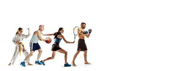 Fototapeta premium Young sportsmen running and jumping on white studio background. Concept of sport, movement, energy and dynamic, healthy lifestyle. Training, practicing in motion. Flyer. MMA, tennis, basketball.