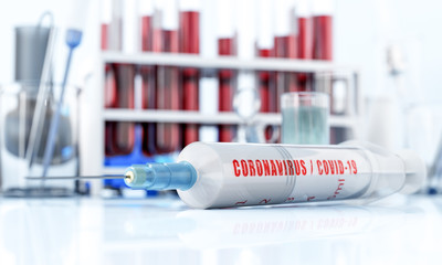Coronavirus vaccine research in laboratory. Syringe on white table.