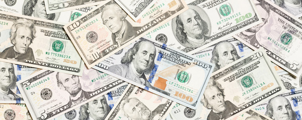 Top view of various dollar cash background. Different banknotes concept. Wealth and rich concept