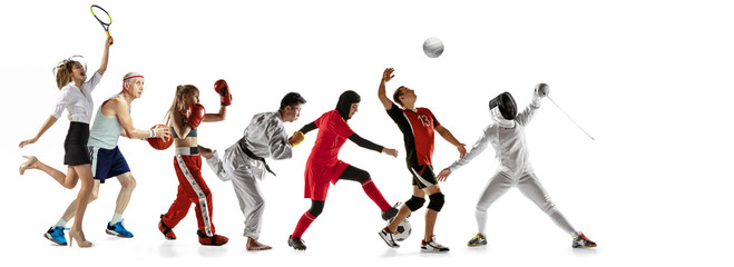 Young sportsmen running and jumping on white studio background. Concept of sport, movement, energy...