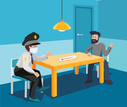 Interrogation room with a policeman and a sick coronavirus quarantine violator. Questioning infected, without a mask, ban on leaving the house. On the table is a thermometer with a high temperature.