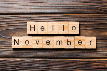 Hello November word written on wood block. Hello November text on table, concept
